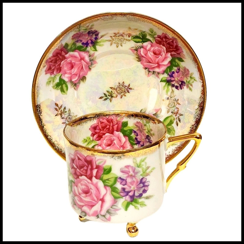 Vintage Royal Hasley Lustre Iridescent Pink Roses Footed Teacup Saucer Gold Trim